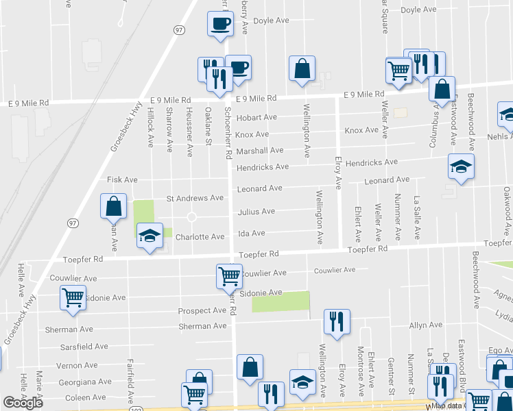 map of restaurants, bars, coffee shops, grocery stores, and more near 13681 Julius Avenue in Warren
