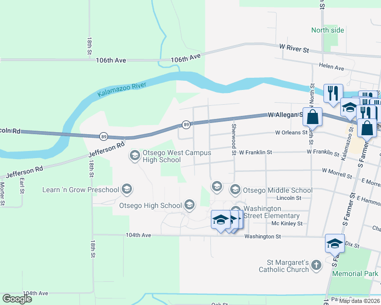 map of restaurants, bars, coffee shops, grocery stores, and more near 715 Franklin Street in Otsego