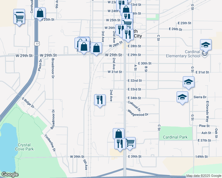 map of restaurants, bars, coffee shops, grocery stores, and more near 429 West 33rd Street in South Sioux City