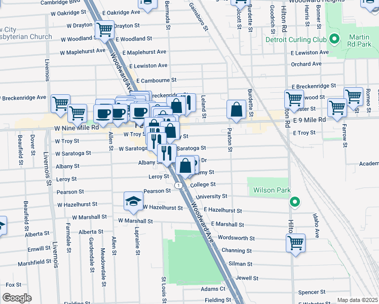 map of restaurants, bars, coffee shops, grocery stores, and more near 254 East Saratoga Street in Ferndale