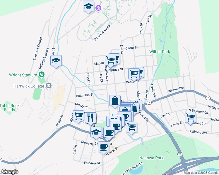 map of restaurants, bars, coffee shops, grocery stores, and more near 80 Dietz Street in Oneonta