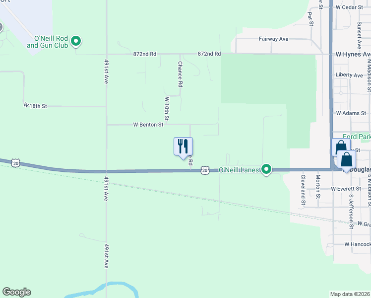 map of restaurants, bars, coffee shops, grocery stores, and more near Chance Road in O'Neill
