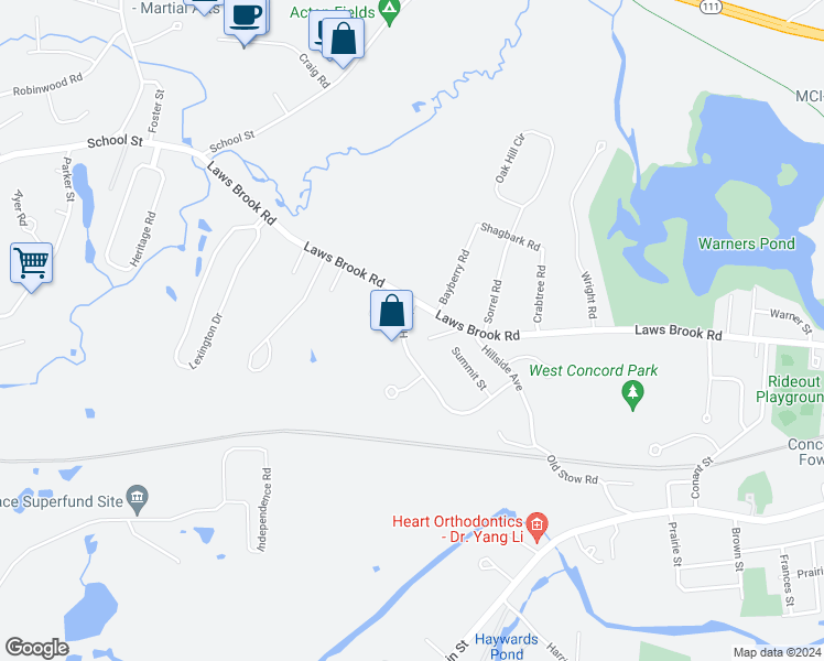 map of restaurants, bars, coffee shops, grocery stores, and more near 174 Hill Street in Concord