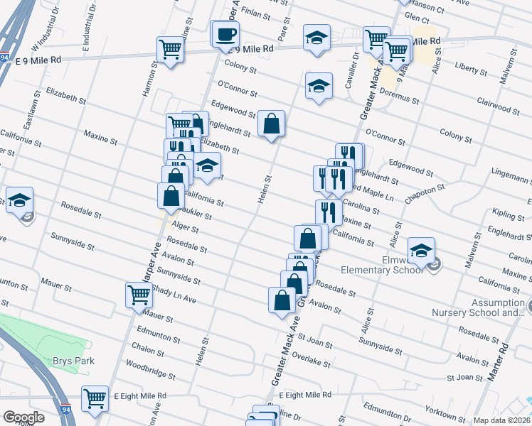 map of restaurants, bars, coffee shops, grocery stores, and more near 21909 California Street in St. Clair Shores