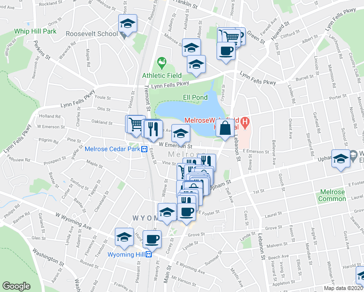map of restaurants, bars, coffee shops, grocery stores, and more near 74 West Emerson Street in Melrose