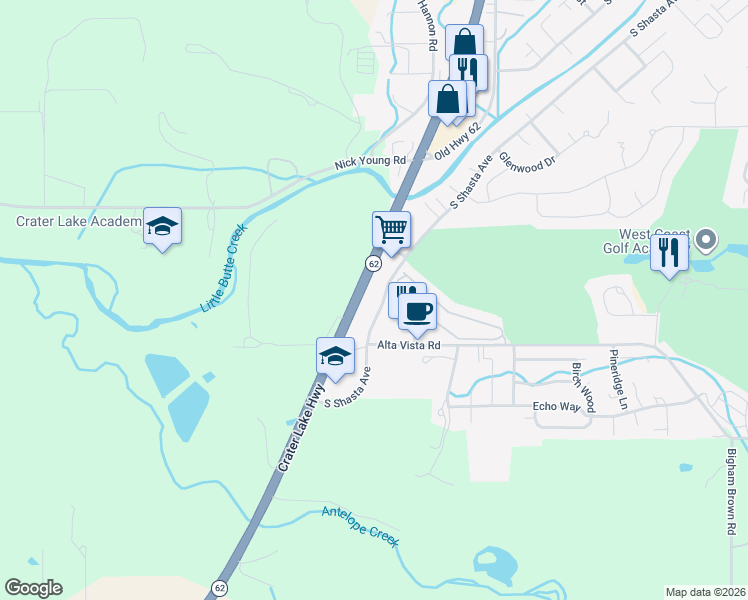 map of restaurants, bars, coffee shops, grocery stores, and more near 1560 S Shasta Ave in Eagle Point