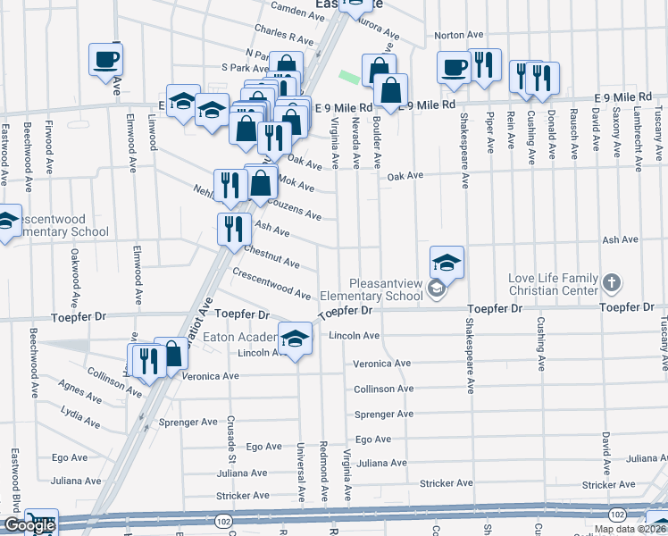 map of restaurants, bars, coffee shops, grocery stores, and more near 21805 Virginia Avenue in Eastpointe