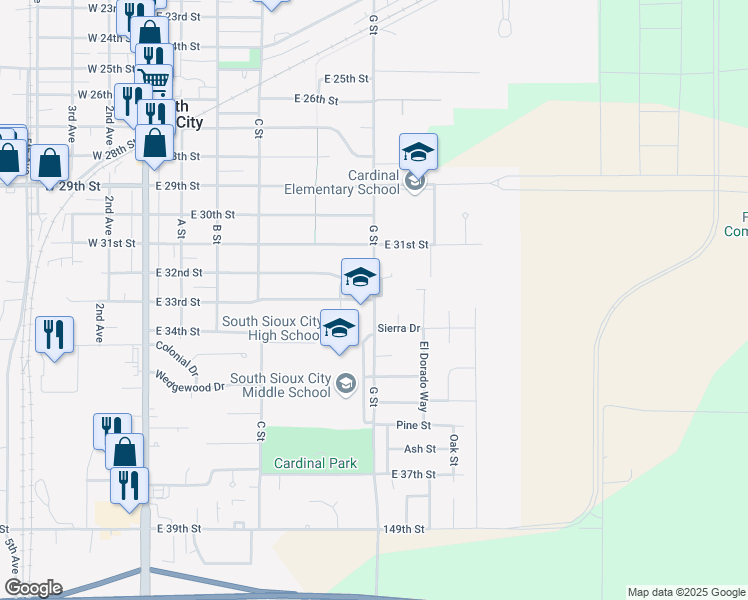 map of restaurants, bars, coffee shops, grocery stores, and more near 3301 G Street in South Sioux City