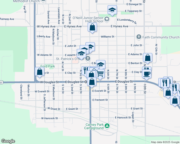 map of restaurants, bars, coffee shops, grocery stores, and more near 204 North 4th Street in O'Neill