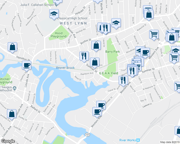map of restaurants, bars, coffee shops, grocery stores, and more near 23 Dearborn Avenue in Lynn