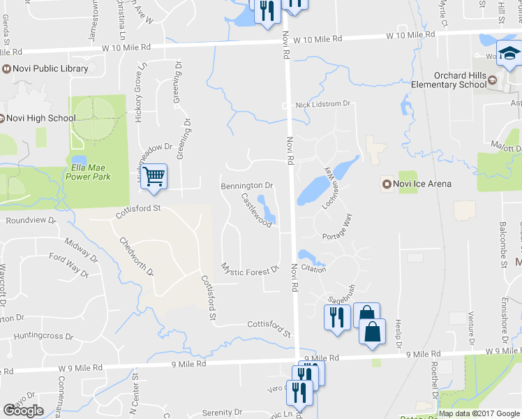 map of restaurants, bars, coffee shops, grocery stores, and more near 43488 Castlewood in Novi