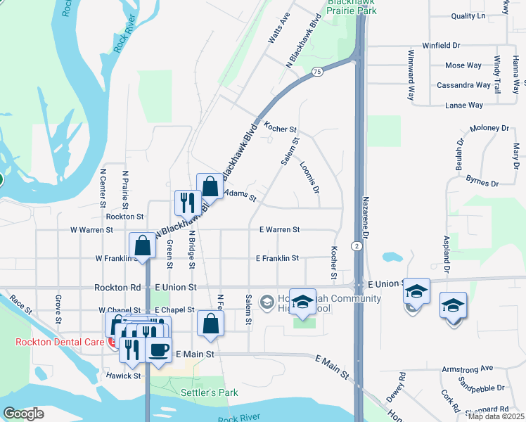 map of restaurants, bars, coffee shops, grocery stores, and more near 625 Salem Street in Rockton