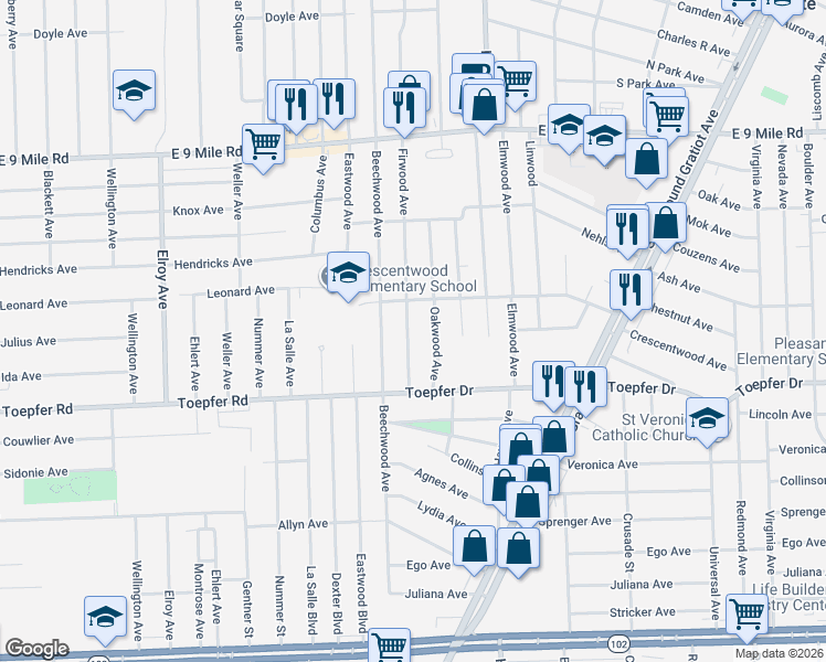 map of restaurants, bars, coffee shops, grocery stores, and more near 21916 Firwood Avenue in Eastpointe