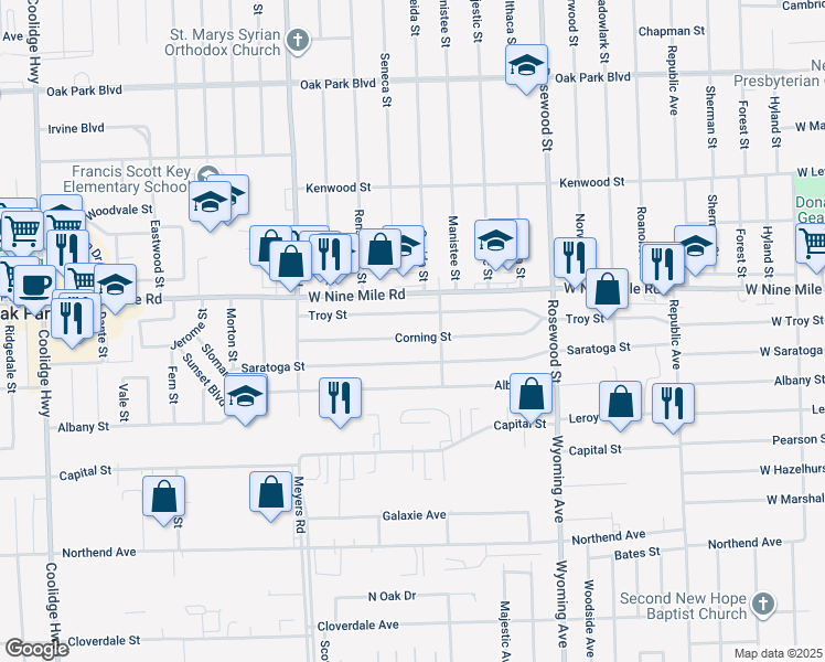map of restaurants, bars, coffee shops, grocery stores, and more near 10360 Corning Street in Oak Park