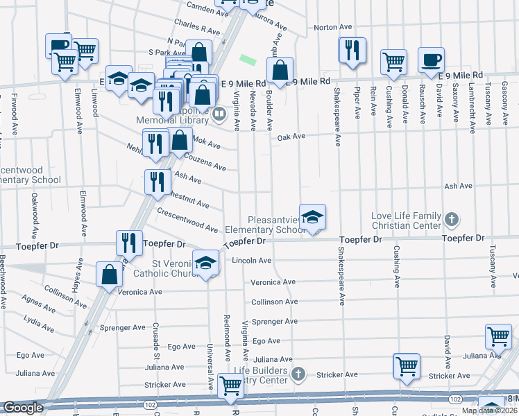 map of restaurants, bars, coffee shops, grocery stores, and more near 21802 Nevada Avenue in Eastpointe