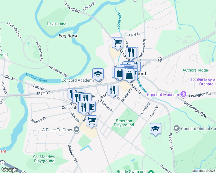 map of restaurants, bars, coffee shops, grocery stores, and more near 129 Massachusetts 62 in Concord