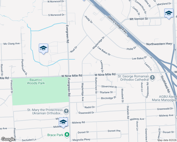 map of restaurants, bars, coffee shops, grocery stores, and more near 19646 West Nine Mile Road in Southfield