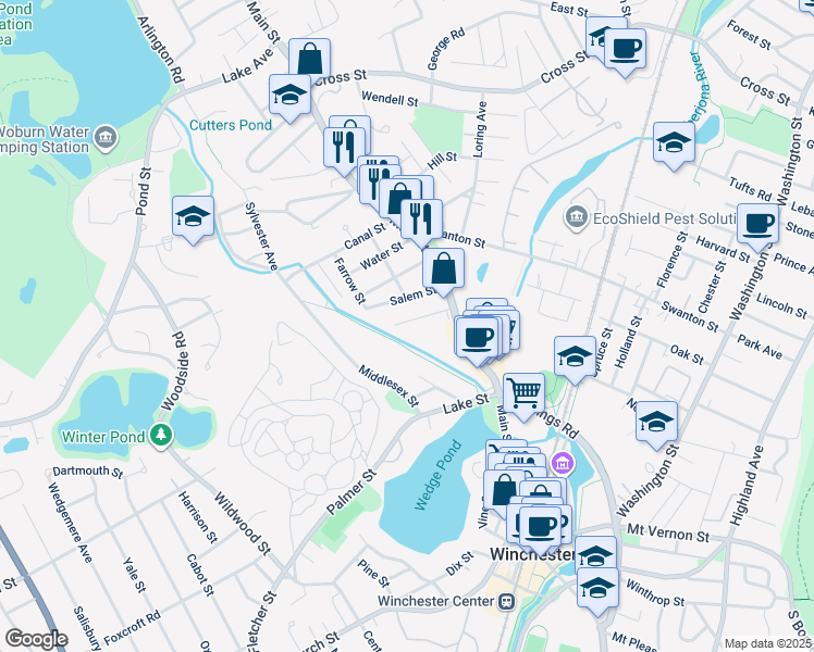map of restaurants, bars, coffee shops, grocery stores, and more near 44 Clark Street in Winchester