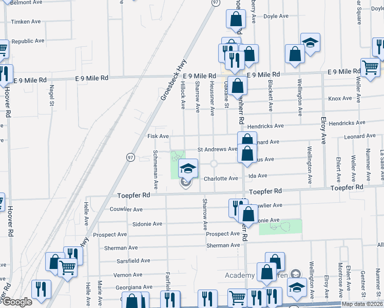 map of restaurants, bars, coffee shops, grocery stores, and more near 13120 Saint Andrews Avenue in Warren