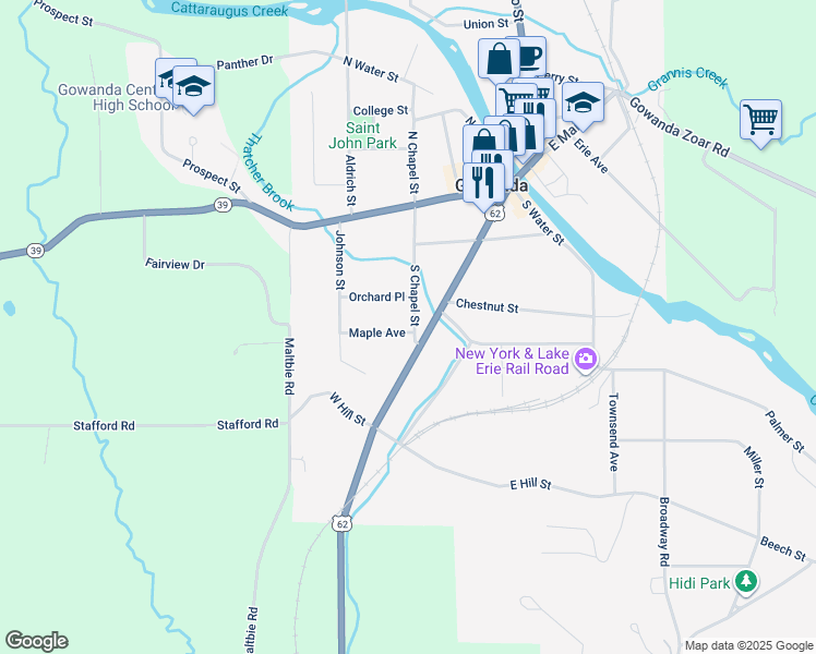 map of restaurants, bars, coffee shops, grocery stores, and more near 15 Maple Avenue in Gowanda