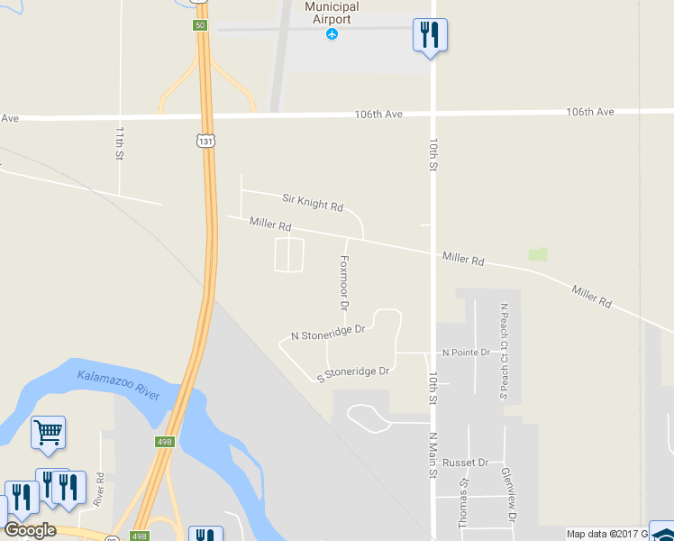 map of restaurants, bars, coffee shops, grocery stores, and more near 522 Foxmoor Drive in Plainwell