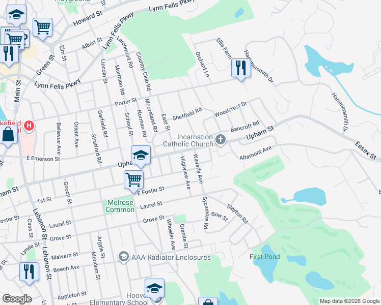 map of restaurants, bars, coffee shops, grocery stores, and more near 373 Upham Street in Melrose