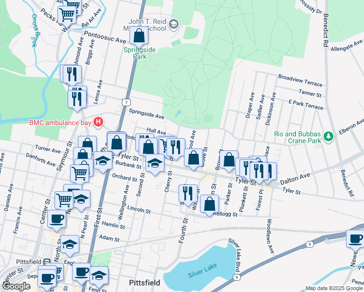 map of restaurants, bars, coffee shops, grocery stores, and more near 125 Stoddard Avenue in Pittsfield