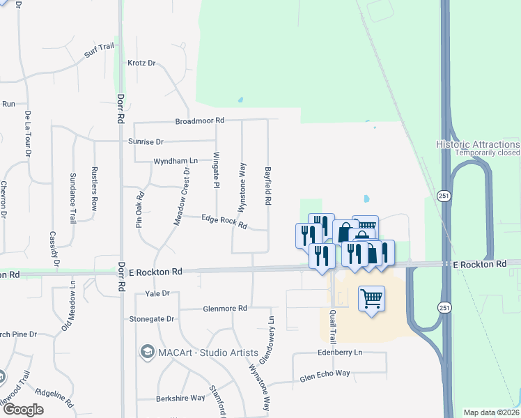 map of restaurants, bars, coffee shops, grocery stores, and more near 598 Bayfield Rd in Rockton