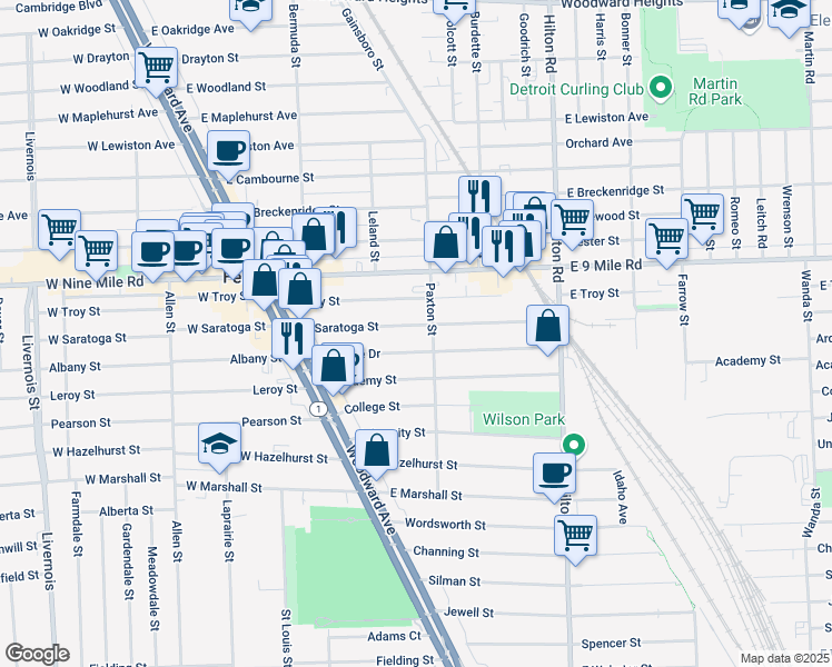 map of restaurants, bars, coffee shops, grocery stores, and more near 444 East Saratoga Street in Ferndale
