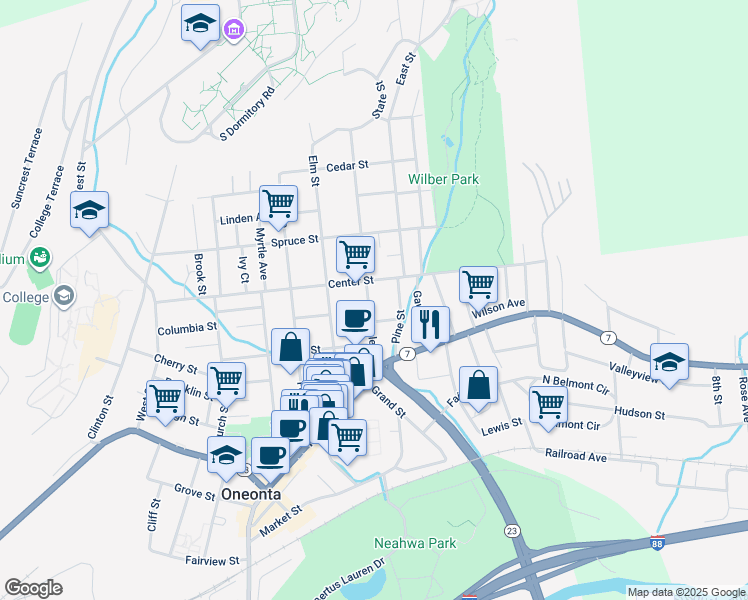 map of restaurants, bars, coffee shops, grocery stores, and more near 28 Maple Street in Oneonta