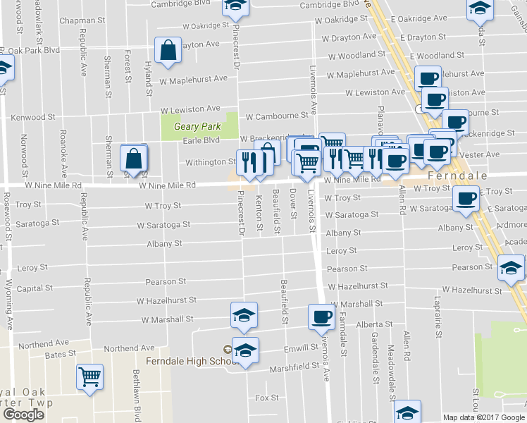 map of restaurants, bars, coffee shops, grocery stores, and more near 1624 Kenton Street in Ferndale