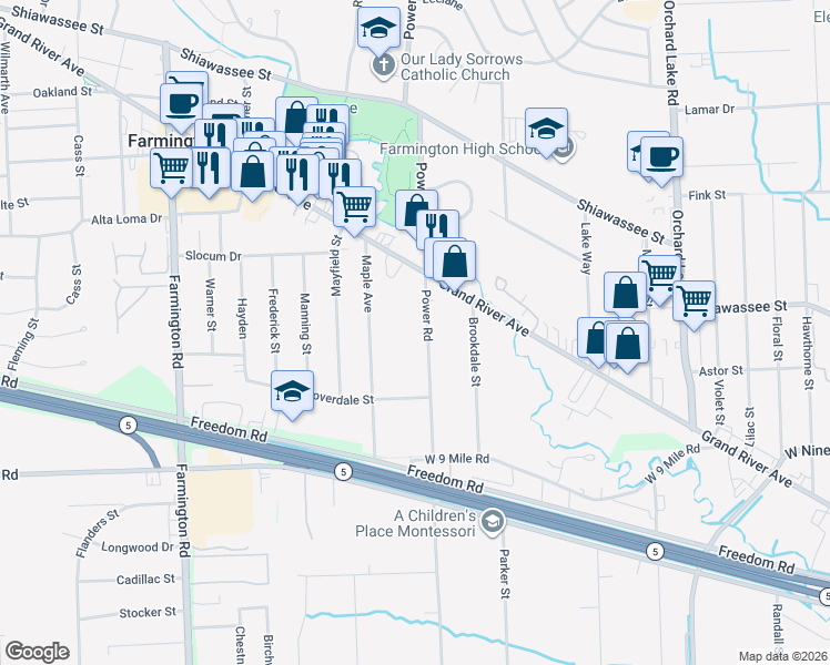 map of restaurants, bars, coffee shops, grocery stores, and more near 22819 Power Rd in Farmington
