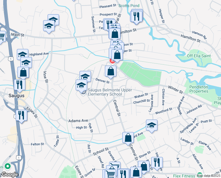 map of restaurants, bars, coffee shops, grocery stores, and more near 381 Central Street in Saugus