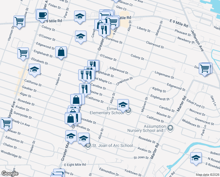 map of restaurants, bars, coffee shops, grocery stores, and more near 22501 Carolina Street in St. Clair Shores