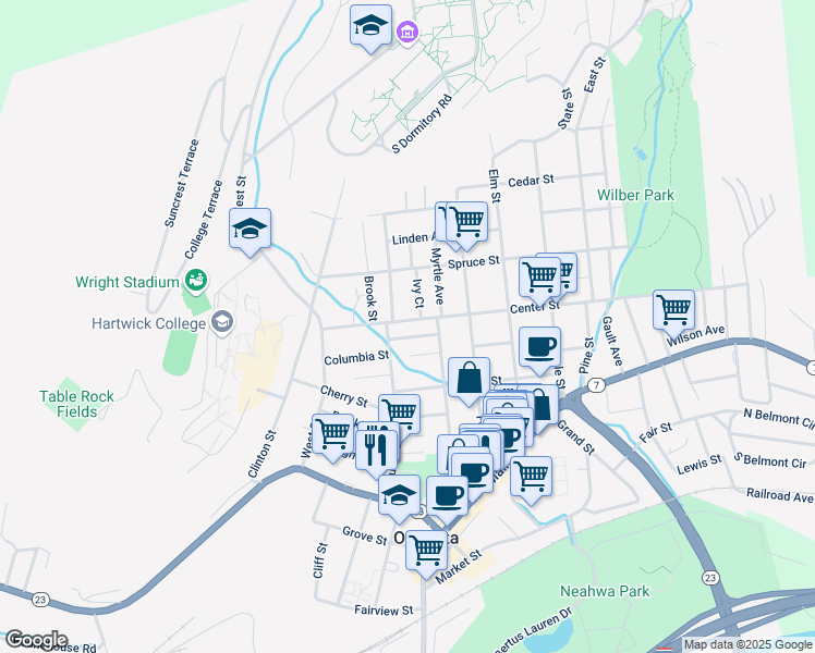 map of restaurants, bars, coffee shops, grocery stores, and more near 36 Center Street in Oneonta