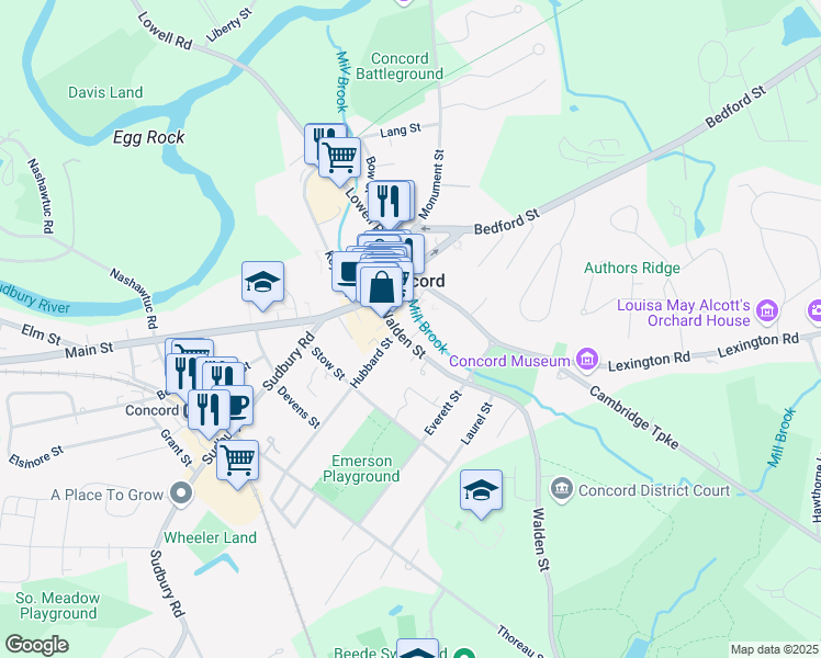 map of restaurants, bars, coffee shops, grocery stores, and more near 51 Walden Street in Concord