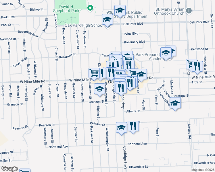 map of restaurants, bars, coffee shops, grocery stores, and more near 22180 Westhampton Street in Oak Park