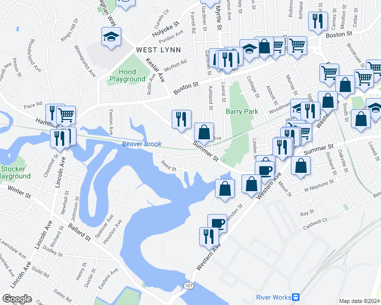 map of restaurants, bars, coffee shops, grocery stores, and more near 23 Dearborn Avenue in Lynn