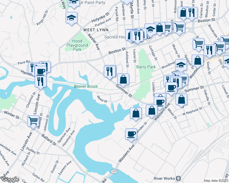 map of restaurants, bars, coffee shops, grocery stores, and more near 23 Dearborn Avenue in Lynn
