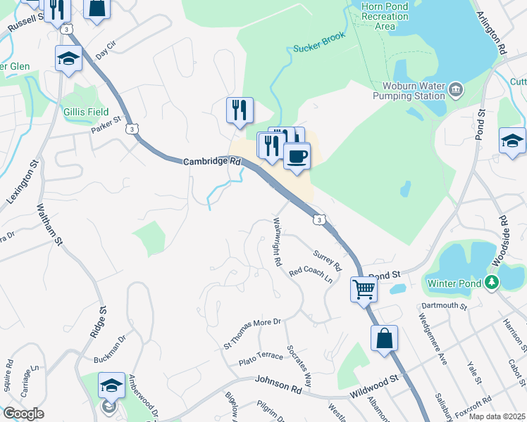 map of restaurants, bars, coffee shops, grocery stores, and more near 416 Cambridge Street in Winchester