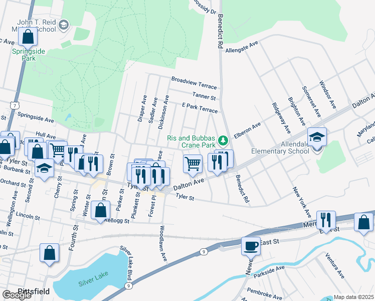 map of restaurants, bars, coffee shops, grocery stores, and more near 91 Harvard Street in Pittsfield
