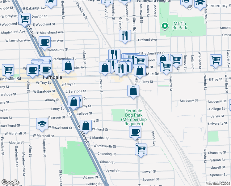 map of restaurants, bars, coffee shops, grocery stores, and more near 624 East Saratoga Street in Ferndale