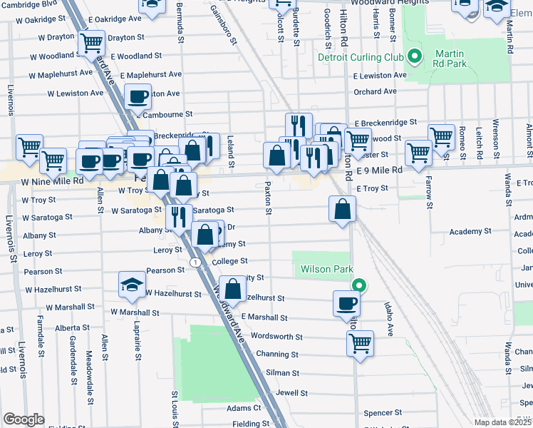 map of restaurants, bars, coffee shops, grocery stores, and more near 444 East Saratoga Street in Ferndale