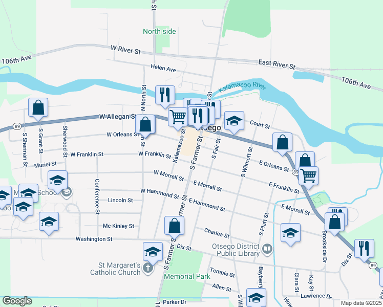 map of restaurants, bars, coffee shops, grocery stores, and more near 214 South Farmer Street in Otsego