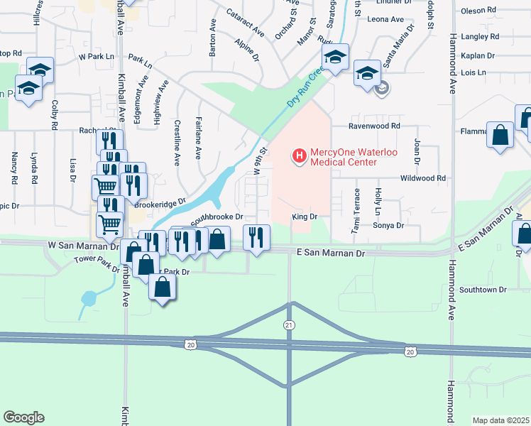 map of restaurants, bars, coffee shops, grocery stores, and more near 3825 West 9th Street in Waterloo