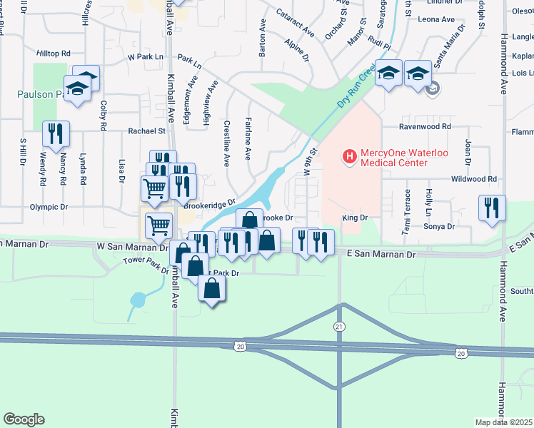 map of restaurants, bars, coffee shops, grocery stores, and more near 312 Southbrooke Drive in Waterloo