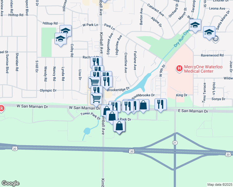 map of restaurants, bars, coffee shops, grocery stores, and more near 144 Brookeridge Drive in Waterloo