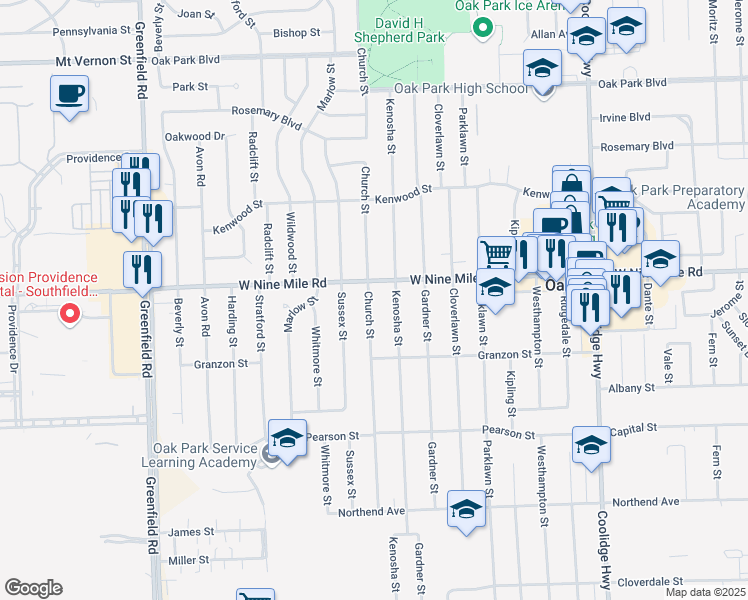 map of restaurants, bars, coffee shops, grocery stores, and more near 22190 Church Street in Oak Park