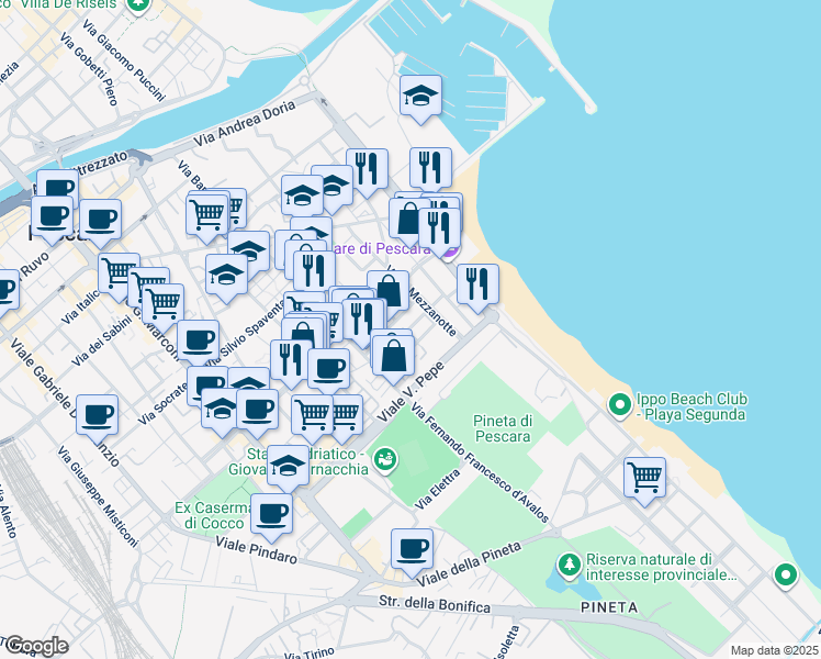 map of restaurants, bars, coffee shops, grocery stores, and more near 34 Via Beato Nunzio Sulprizio in Pescara