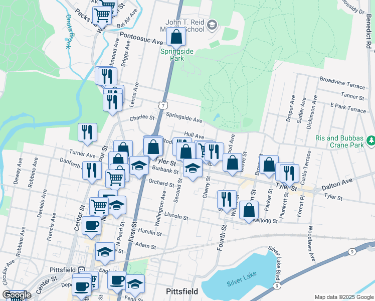 map of restaurants, bars, coffee shops, grocery stores, and more near 26 Pleasure Avenue in Pittsfield